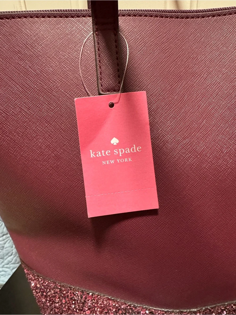 NWT Kate Spade Greta Court Cherrywood Saffiano Leather Glitter Large Tote Bag